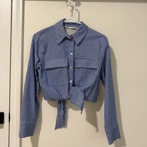 Zara Blue & White Striped Tie-Waist Button-Down Shirt